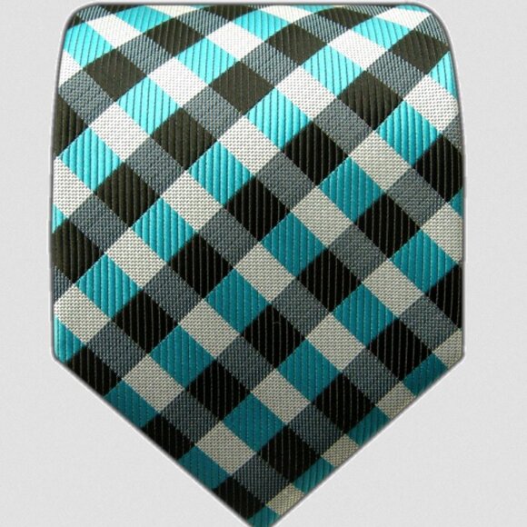 Aqua Blue Silver Gray Black Stripe Check Plaid Design 100% SILK TIE Jacquard Wov - Picture 7 of 7